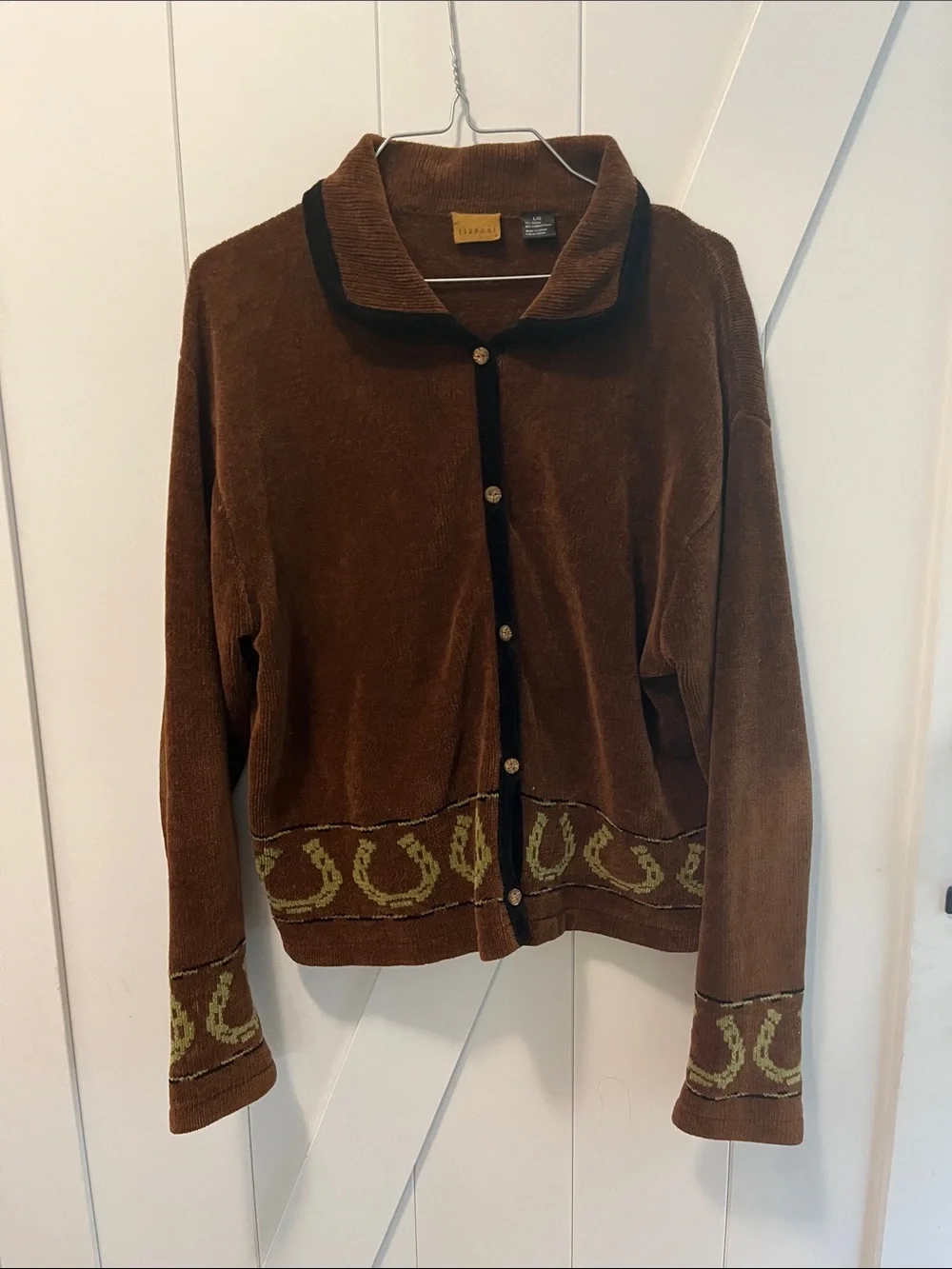 Brown Velvet-Like Button Front Cardigan with Contrast Trim Horse Embroidery - Picture 1 of 4